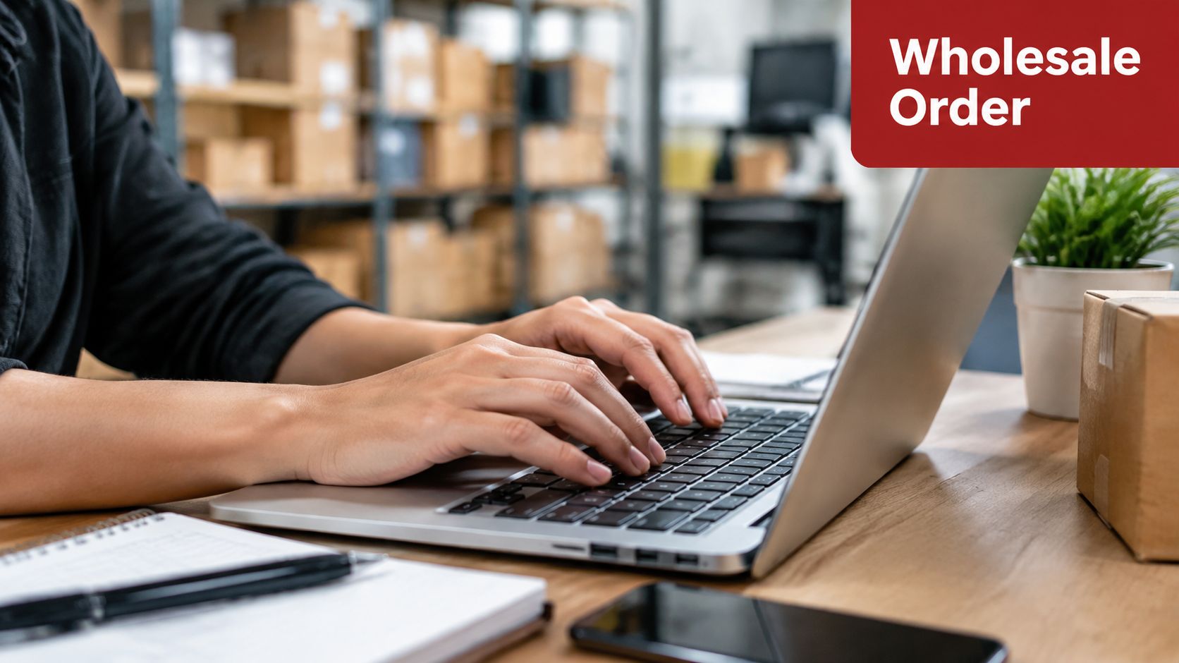 A person working on a laptop in a warehouse, managing a wholesale order for inventory.