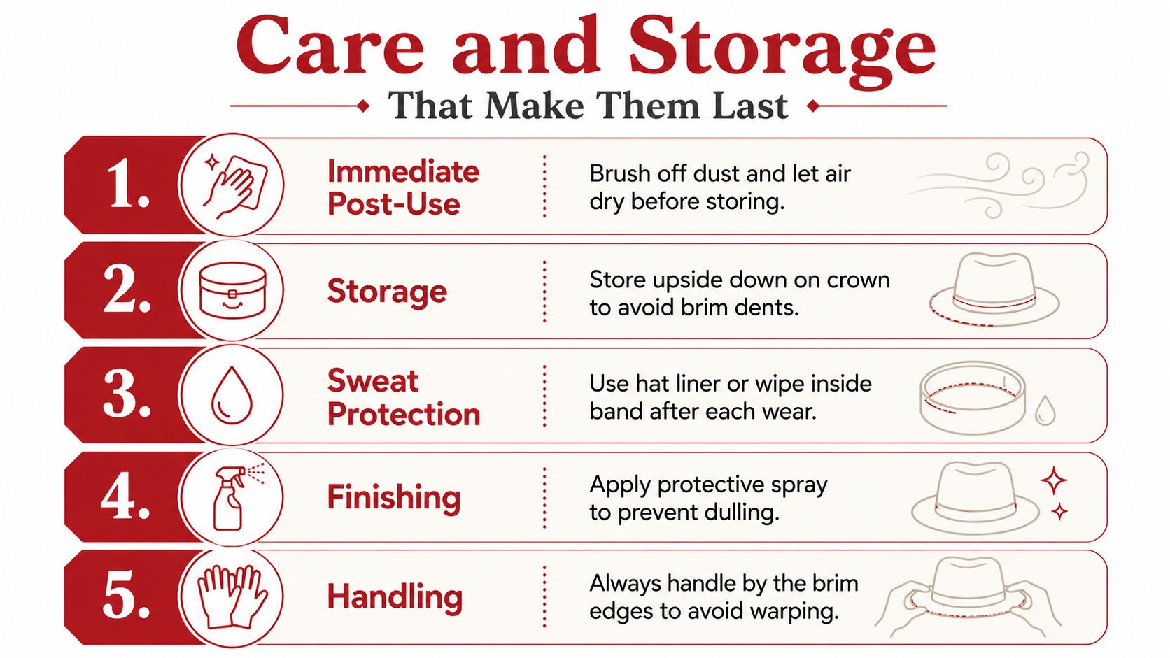 An infographic titled Care and Storage displaying five tips for maintaining top hats through proper cleaning and handling.