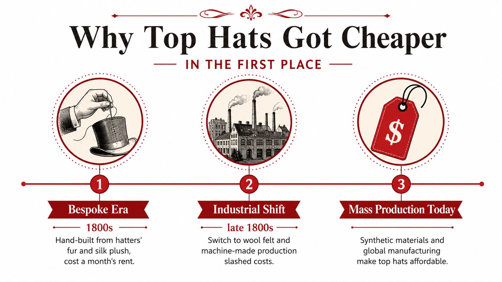 An infographic titled Why Top Hats Got Cheaper showing the historical evolution of hat manufacturing costs.