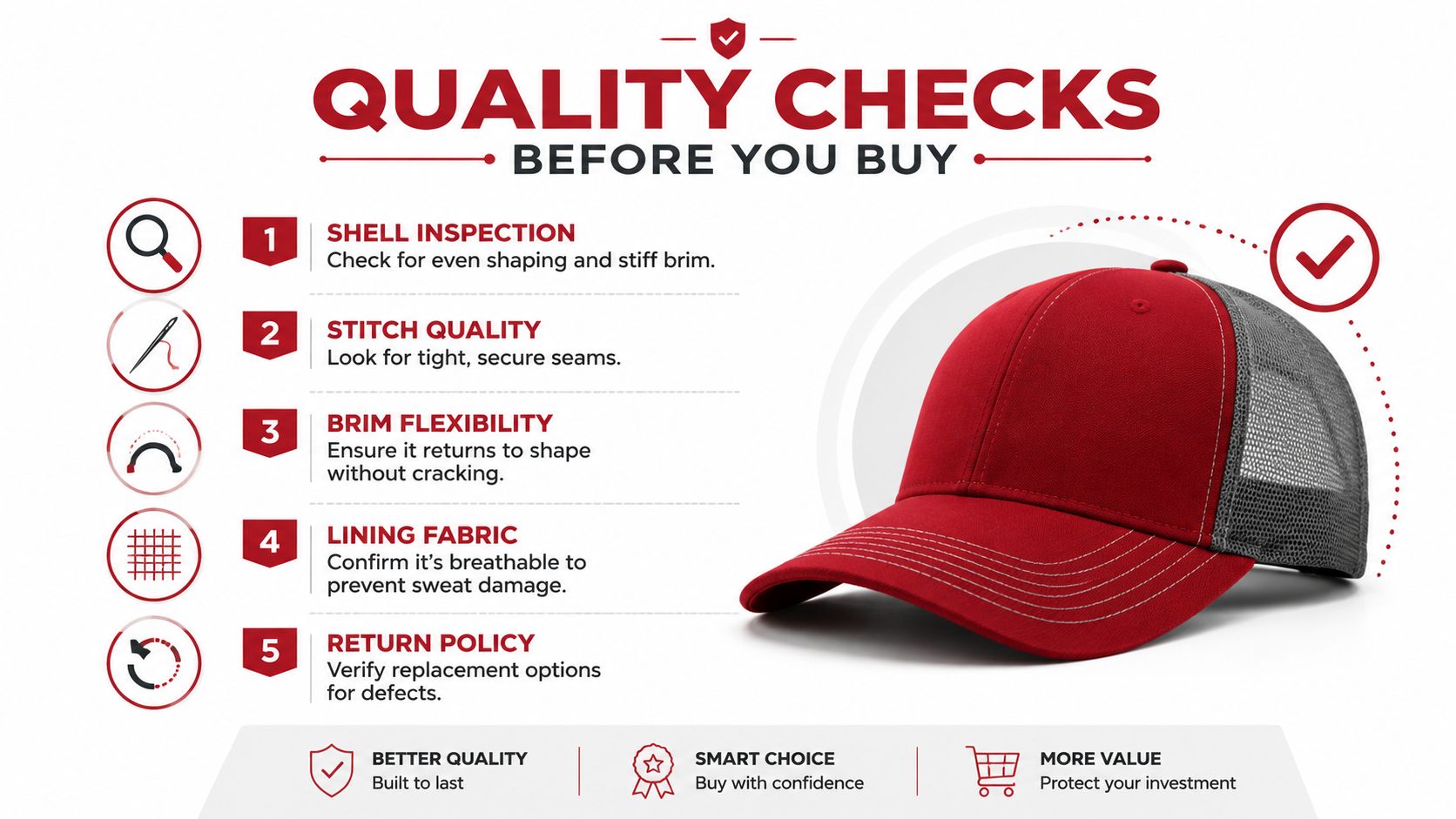 An infographic detailing five essential quality checks to perform on a baseball cap before purchasing.