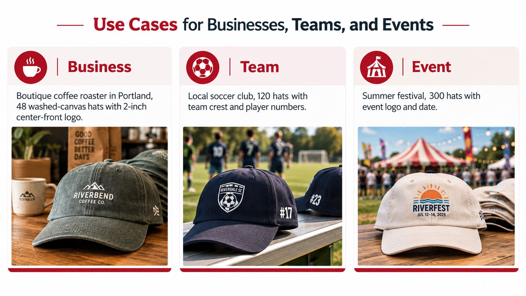 Examples of custom embroidered headwear for businesses, sports teams, and public summer festival events.