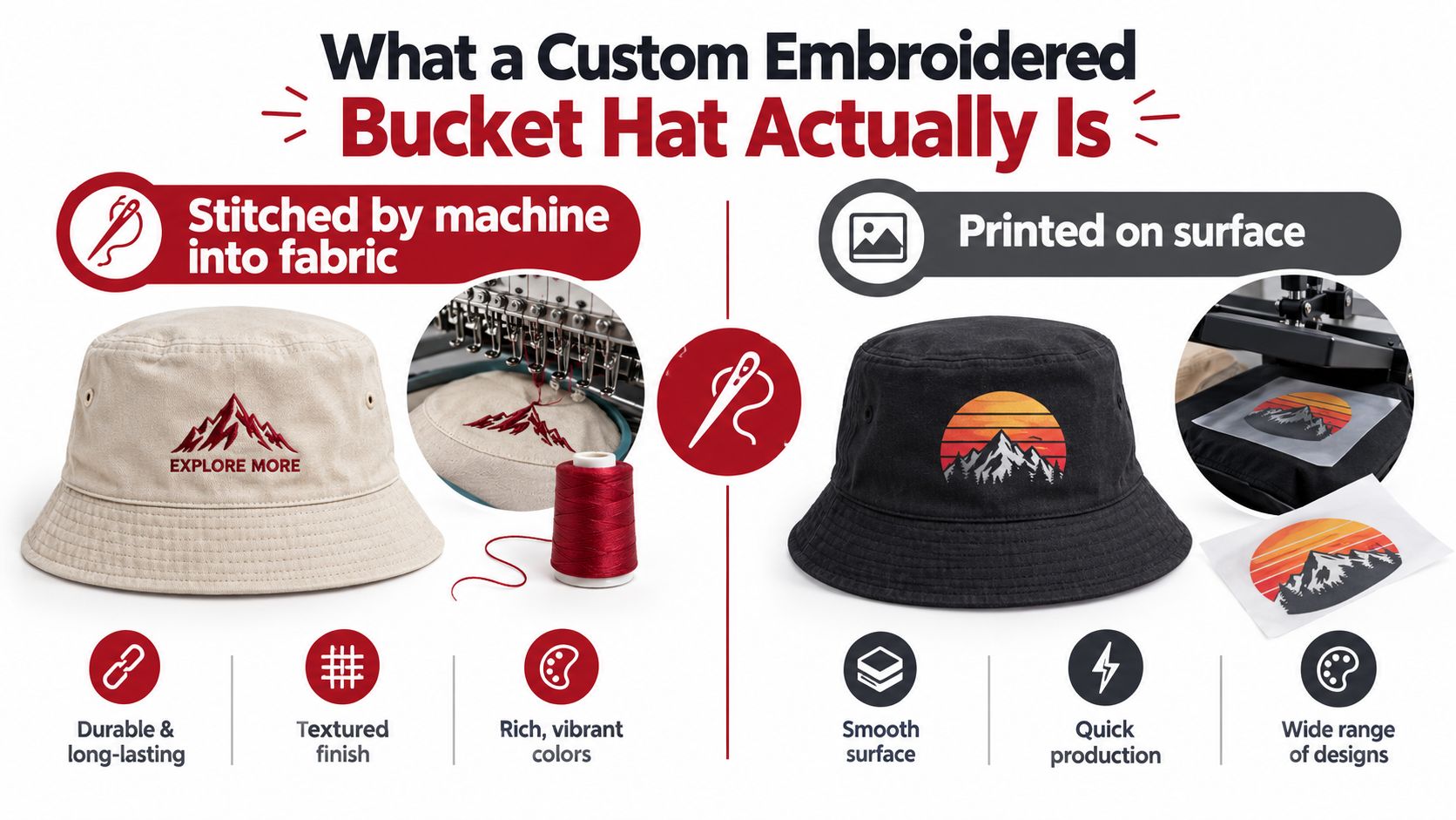 A comparison graphic showing the difference between custom embroidered bucket hats and printed hat designs.