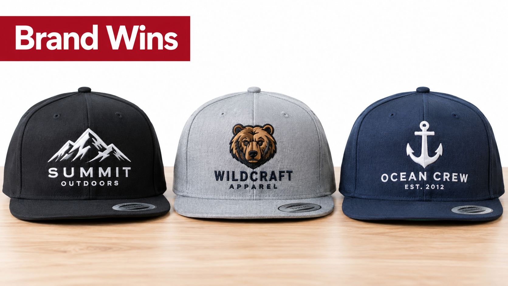 Three custom embroidered snapback hats displayed on a table, featuring mountain, bear, and anchor logos.