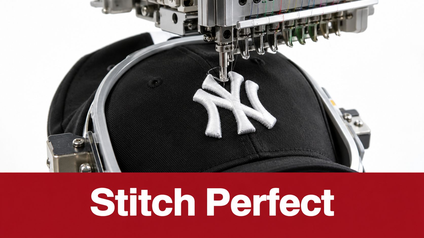 A commercial embroidery machine stitching a white New York Yankees logo onto a black baseball cap.