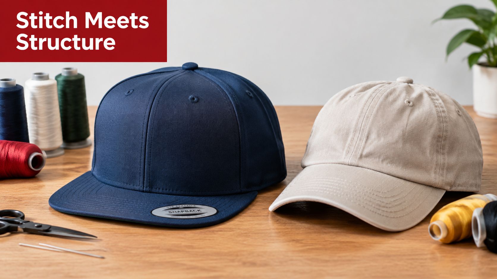 Two stylish baseball caps, one navy snapback and one beige dad hat, displayed with sewing supplies.