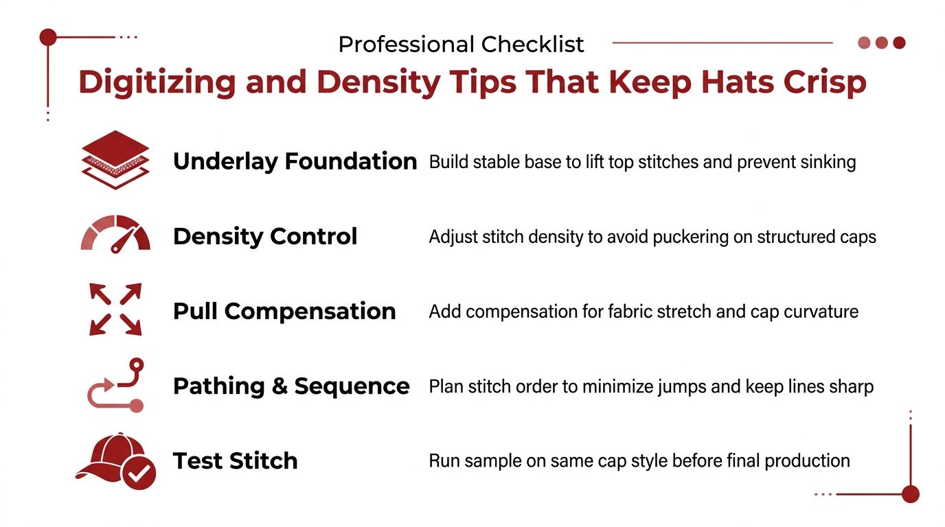A professional checklist outlining five key tips for digitizing embroidery designs to ensure crisp, clean hat caps.