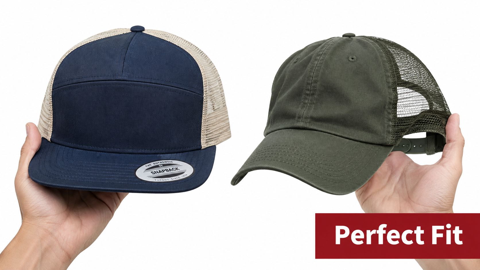 Two hands holding a navy blue flat-brim trucker hat and an olive green curved-brim mesh cap.