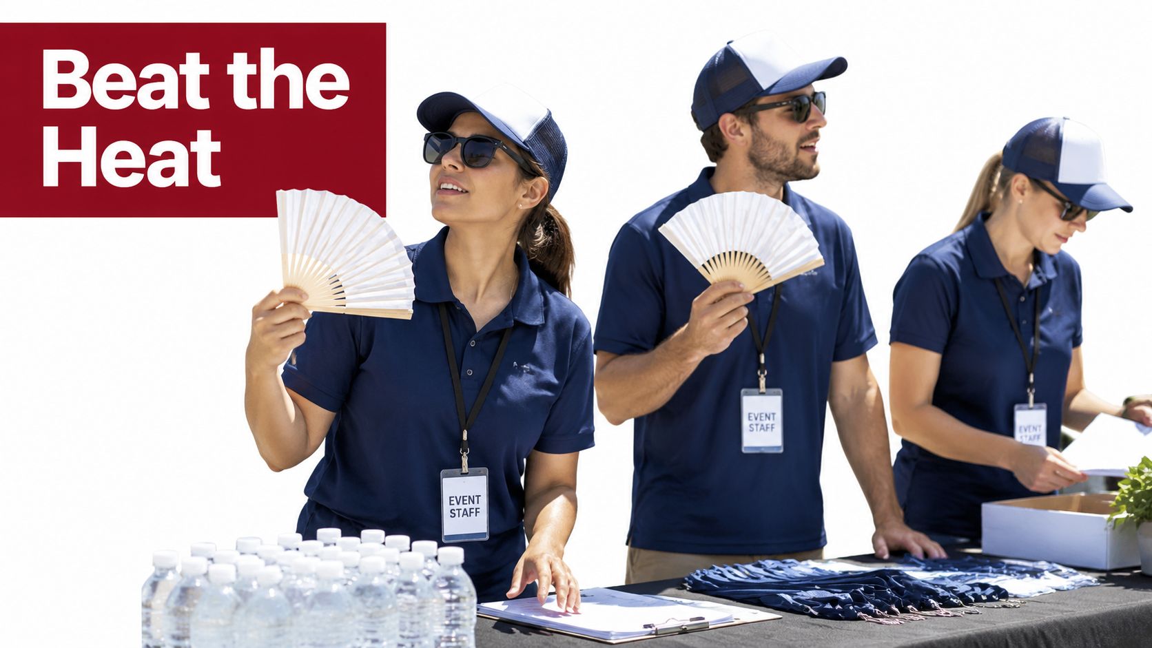 Three event staff members wearing navy polo shirts and mesh hats fanning themselves at an outdoor registration desk.