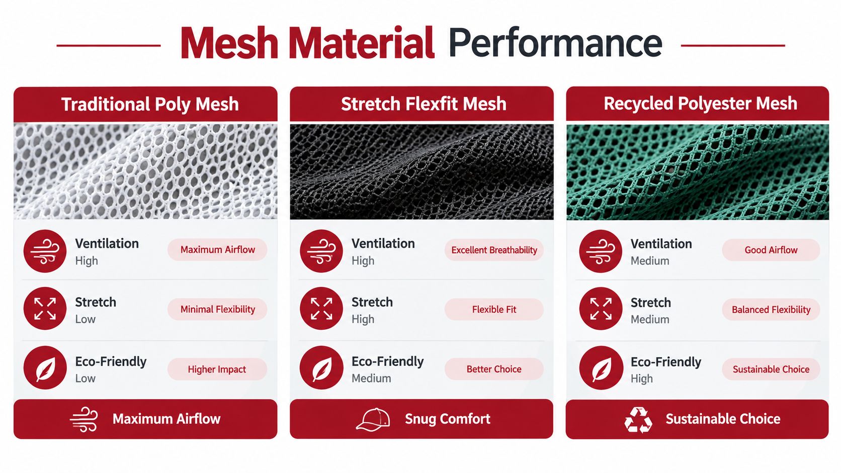 A comparison chart showing the performance, ventilation, stretch, and eco-friendliness of three different hat mesh materials.