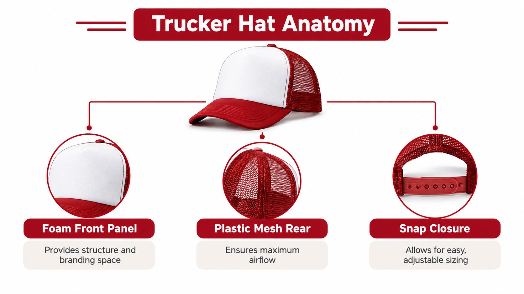 A diagram labeled Trucker Hat Anatomy highlighting the foam front panel, plastic mesh rear, and snap closure.