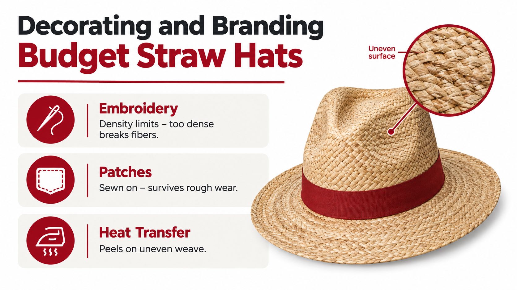 An infographic showing branding methods for budget straw hats including embroidery, patches, and heat transfer techniques.