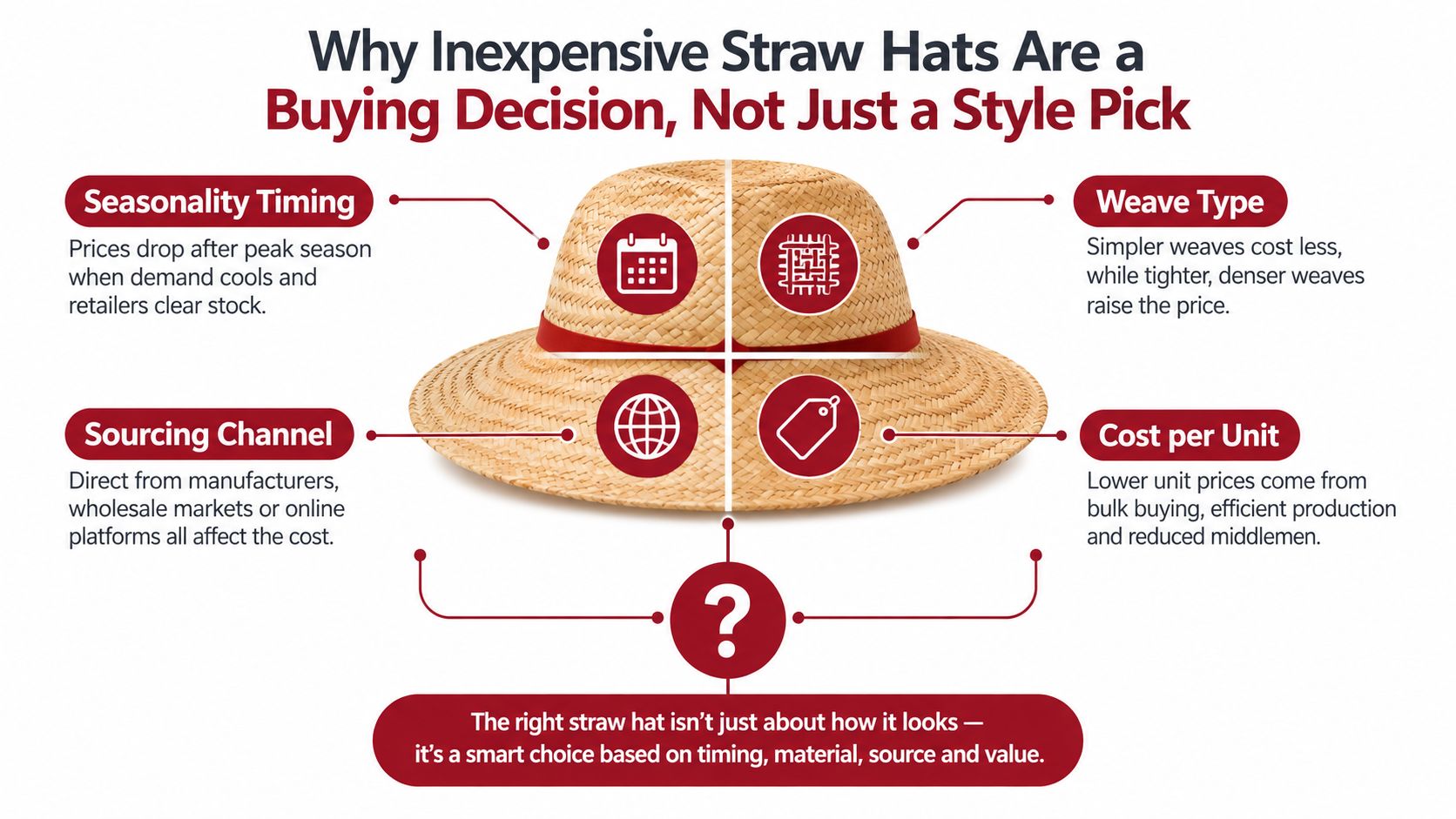 An infographic showing factors for buying inexpensive straw hats including timing, weave, sourcing, and unit cost.