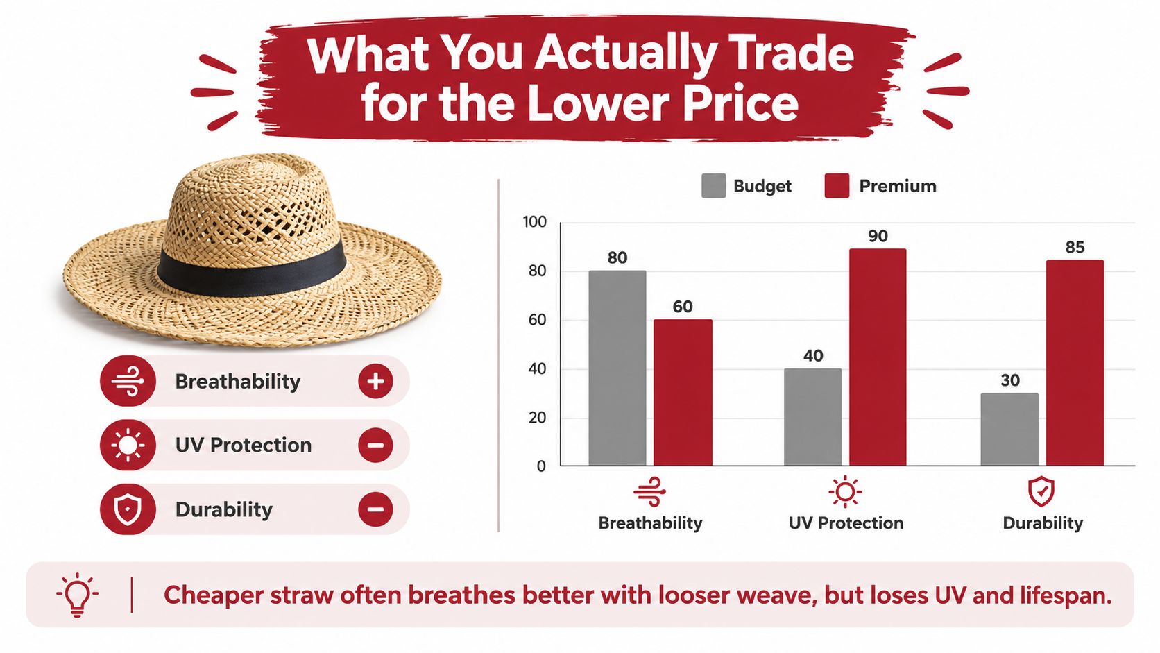 A comparison chart showing how budget straw hats sacrifice UV protection and durability for better breathability.