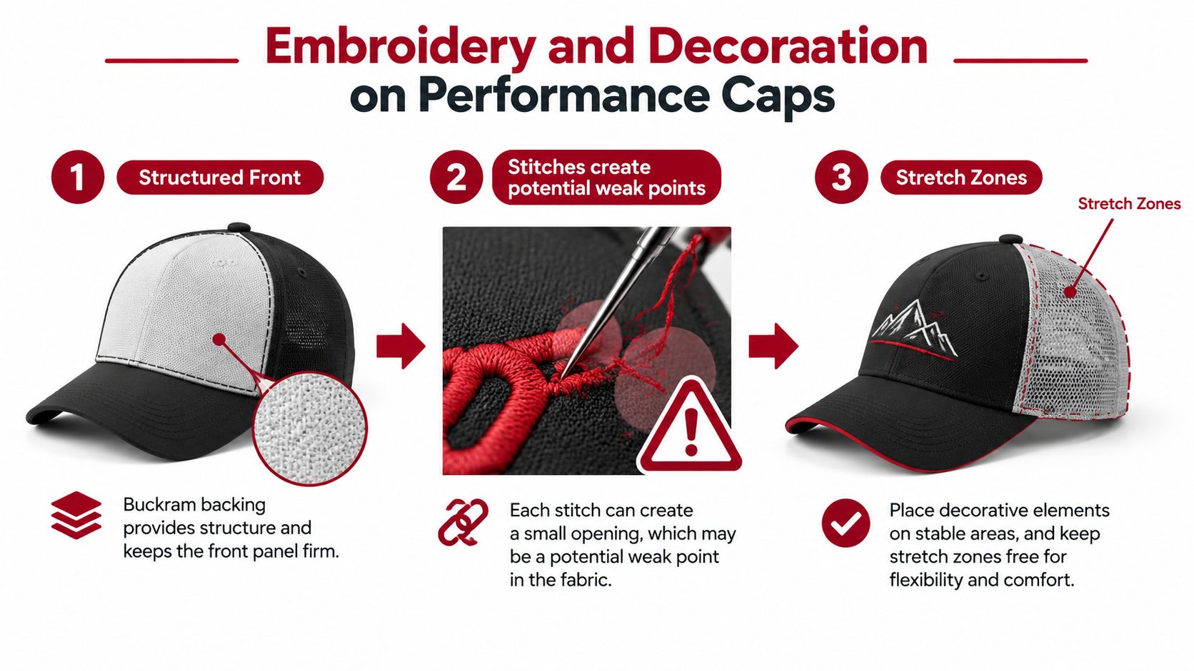 A diagram explaining embroidery and decoration techniques on performance baseball caps, highlighting structure and stretch zones.