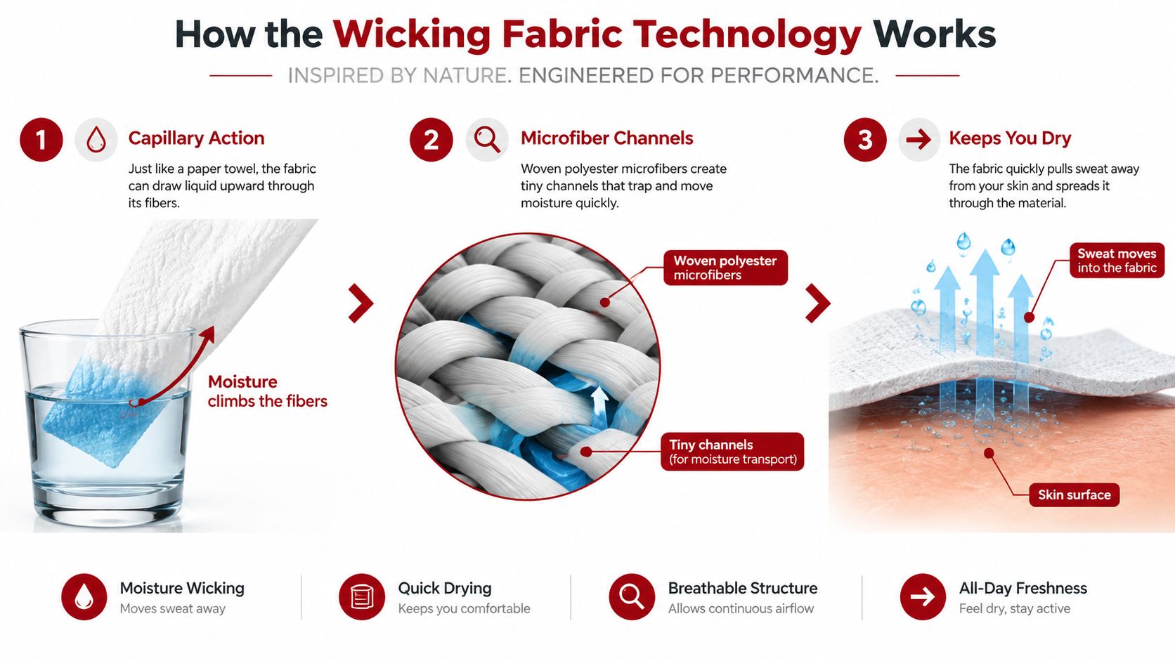 A diagram explaining how moisture wicking fabric technology pulls sweat away from the skin through capillary action.