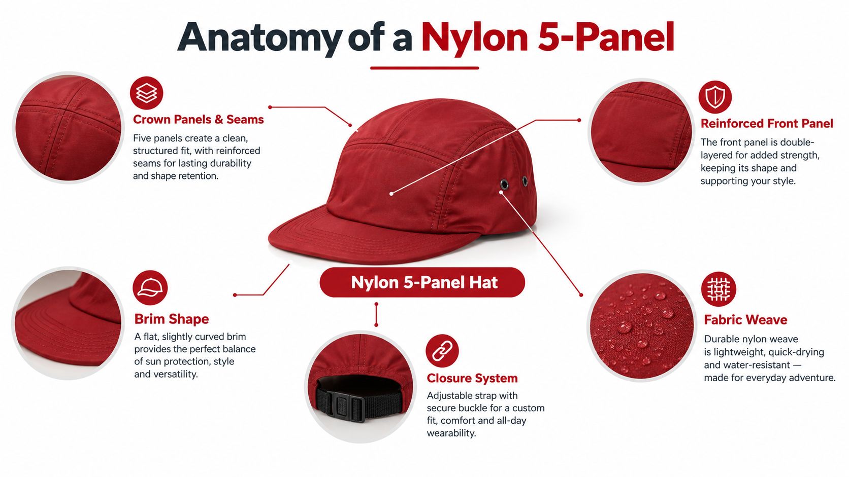A detailed anatomy infographic of a red nylon five-panel hat showcasing its features and construction materials.