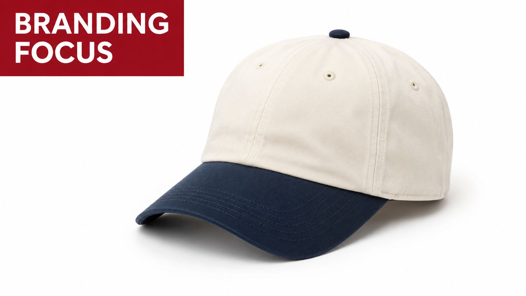 A clean studio shot of a two tone baseball cap with a cream crown and navy brim.