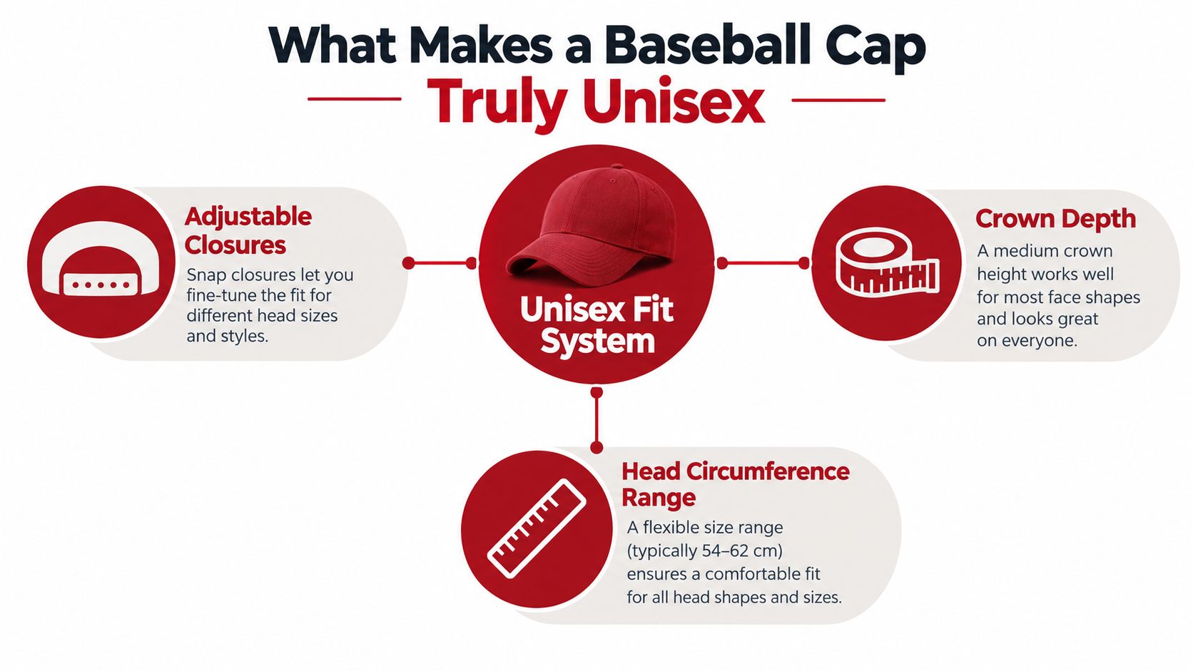 A diagram explaining the features of a unisex baseball cap, including adjustable closures, crown depth, and circumference.