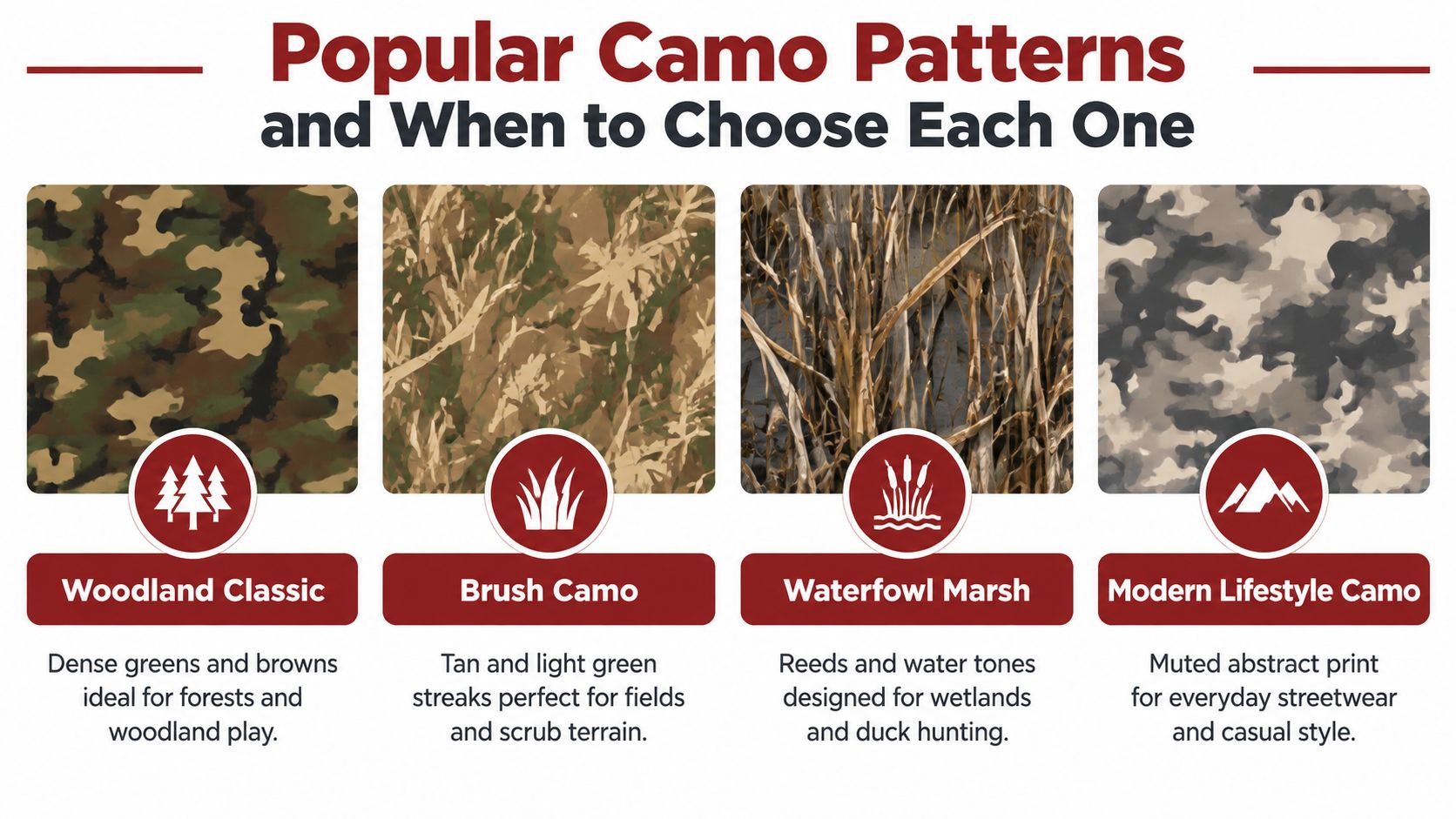 A guide illustrating four different popular camouflage patterns and their ideal environments for outdoor use.