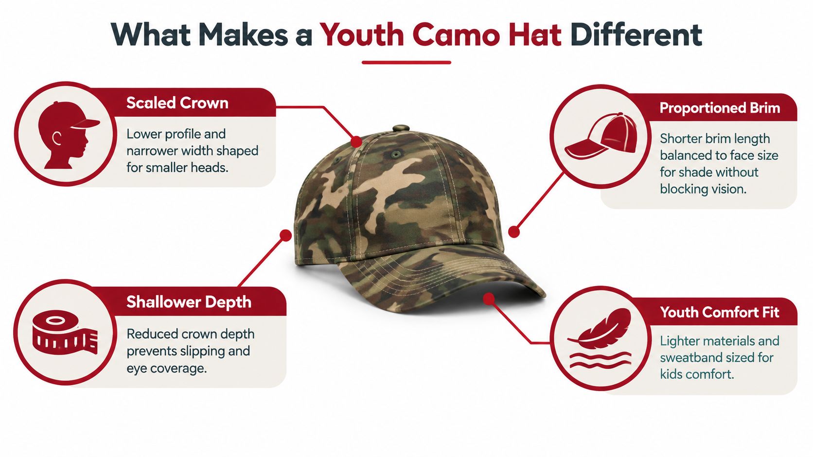 An infographic detailing the features of a youth camo hat, including crown, brim, depth, and comfort.