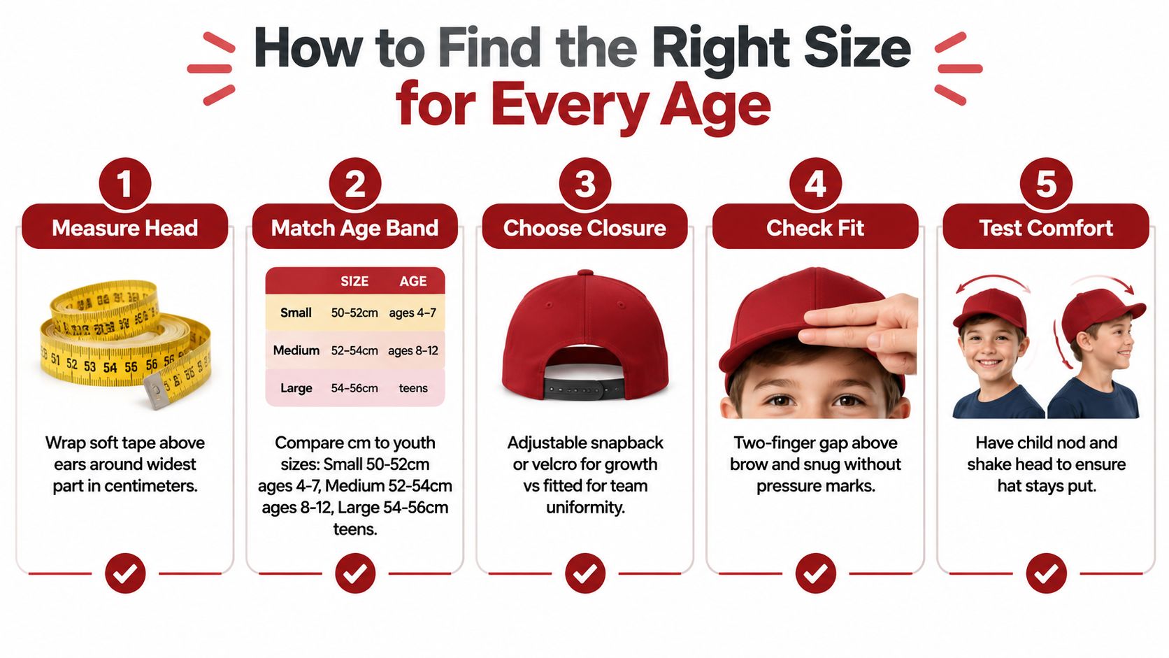 An infographic illustrating how to correctly measure and fit a youth hat for various age groups.