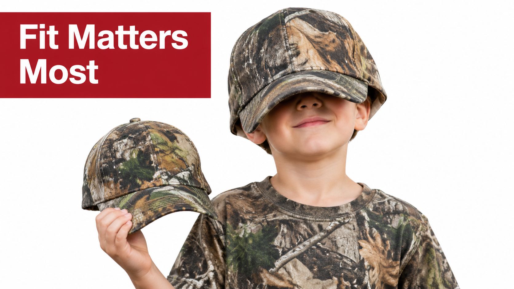 A young child wearing a camouflage hat that is too big, covering their eyes, while holding another hat.