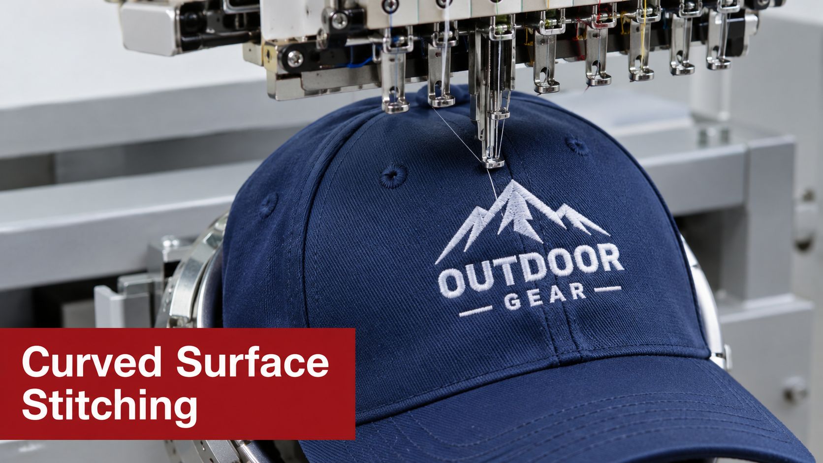 An industrial embroidery machine stitching a white logo onto a navy blue six-panel baseball cap.
