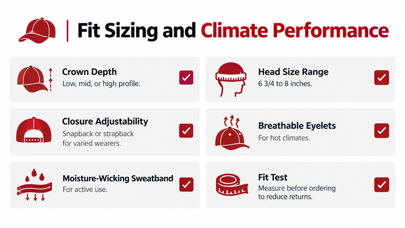 A chart detailing fit sizing and climate performance features for choosing the perfect baseball cap.