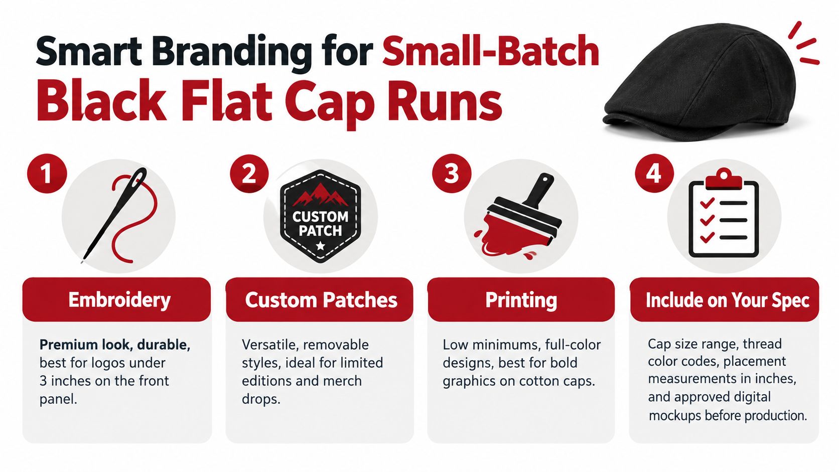 An infographic showing four branding methods for small-batch black flat caps including embroidery, custom patches, and printing.