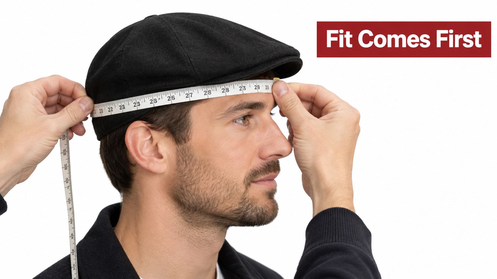 A person measuring the circumference of a man's head while he wears a black flat cap.