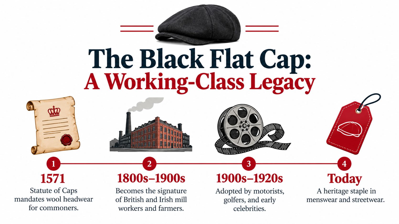 An infographic showing the historical timeline and evolution of the iconic black flat cap throughout history.