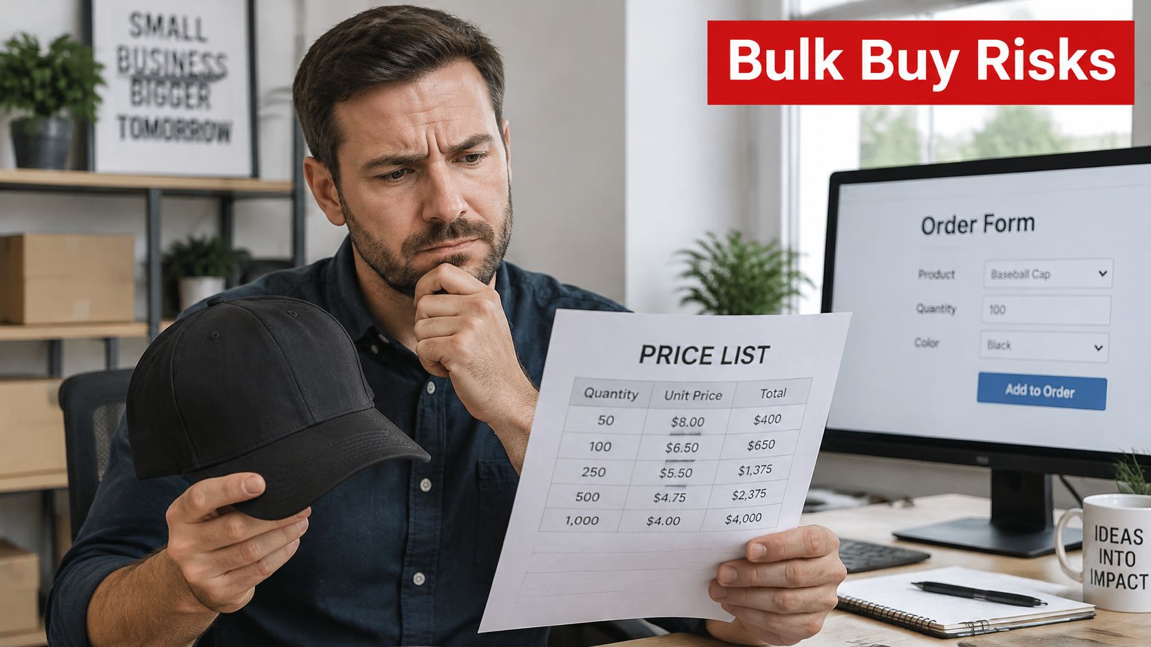A pensive businessman holding a black baseball cap while reviewing a wholesale price list for bulk inventory.