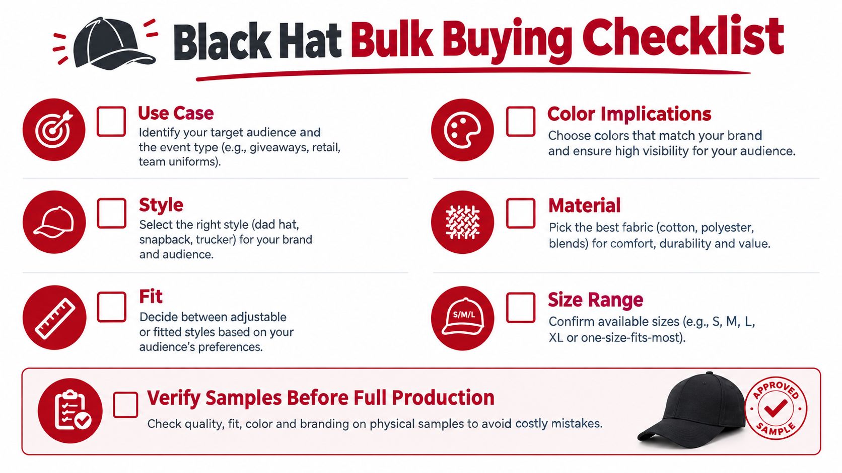 A helpful checklist for buying black hats in bulk, featuring design, style, material, and quality control steps.