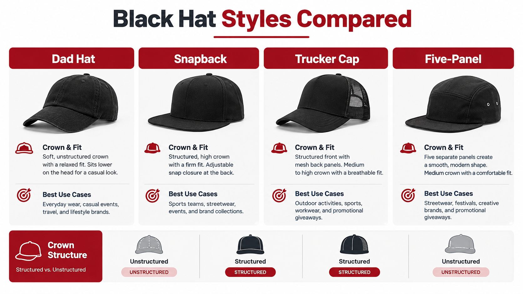 A comparison chart showing four different black hat styles including dad hats, snapbacks, trucker caps, and five-panel hats.