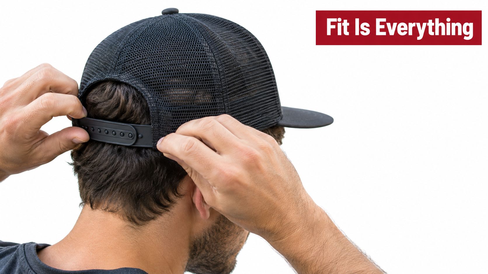 A person adjusting the plastic snapback strap of a black breathable mesh cap from the back view.
