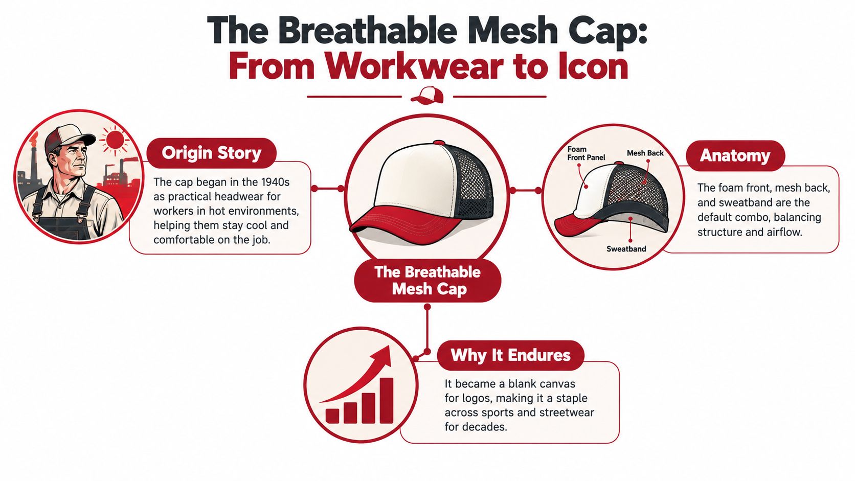 An infographic detailing the history, anatomy, and lasting popularity of the classic breathable mesh trucker cap.