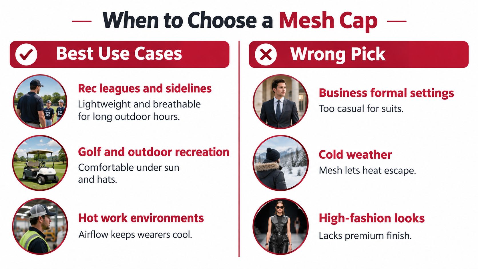 A comparison chart showing best use cases versus wrong pick scenarios for wearing breathable mesh caps.