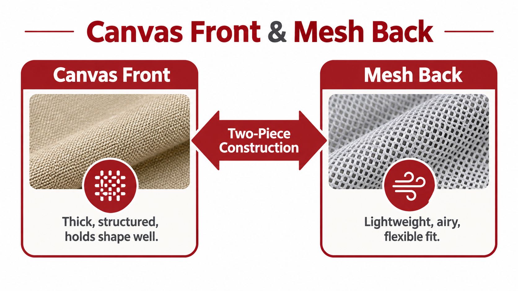 A diagram comparing the features of a canvas front and a mesh back on a trucker hat.