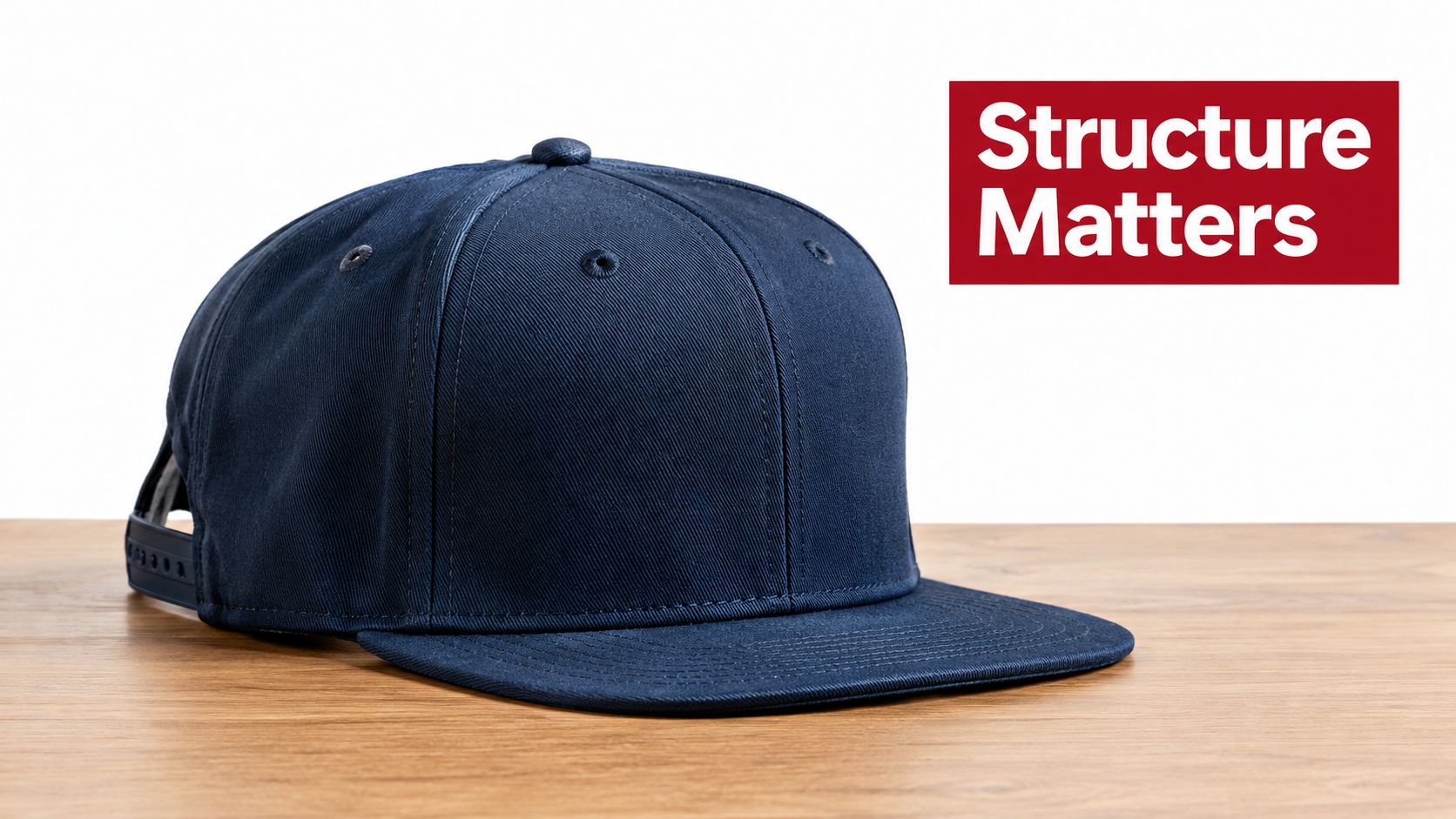 A solid dark blue structured flat brim baseball cap sitting on a polished wooden table surface.