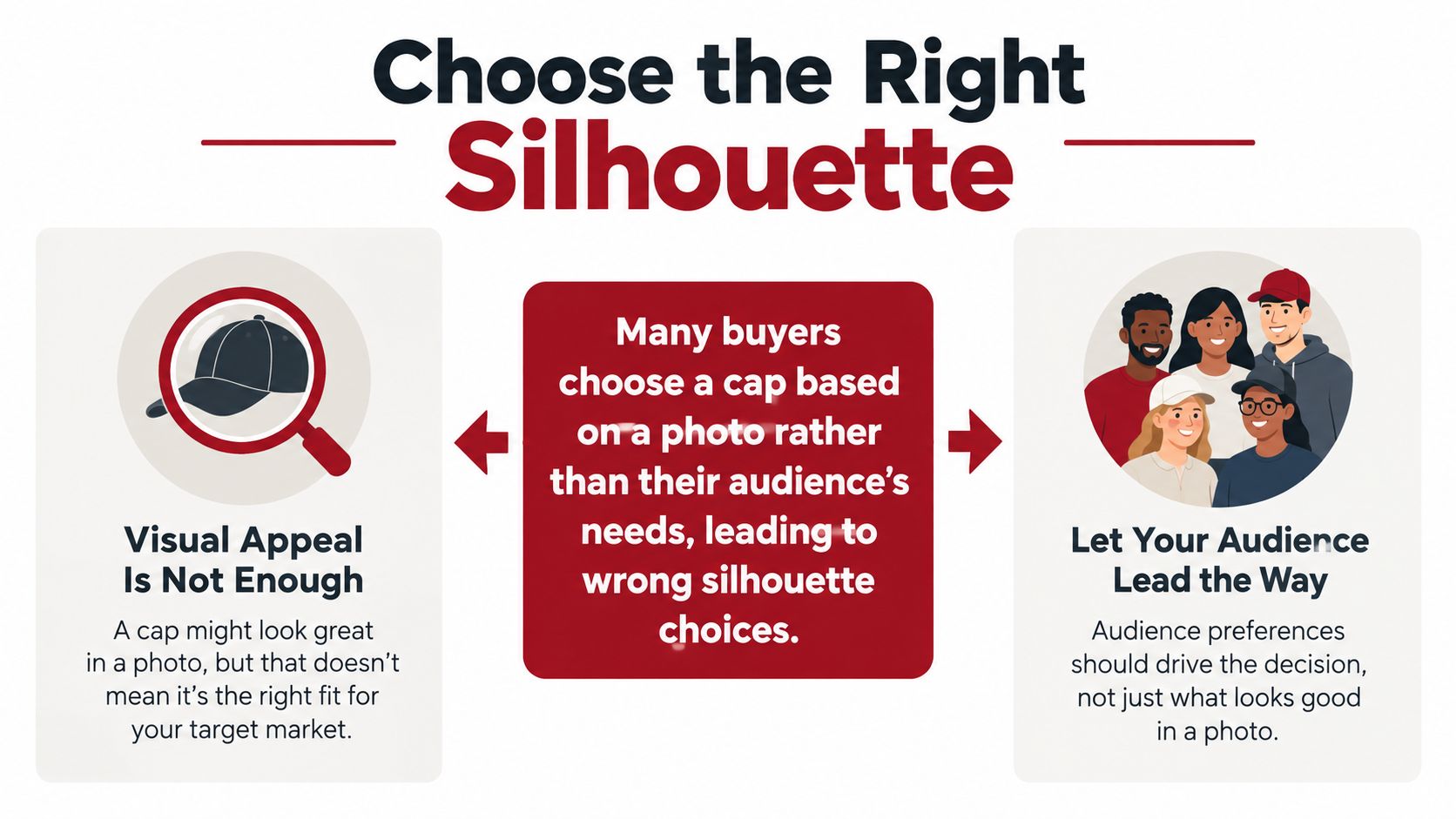 A graphic advising to choose cap silhouettes based on audience preferences rather than visual appeal alone.