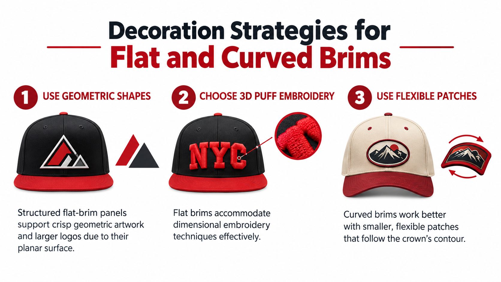 A guide illustrating three decoration strategies for flat and curved brim baseball caps using specific examples.