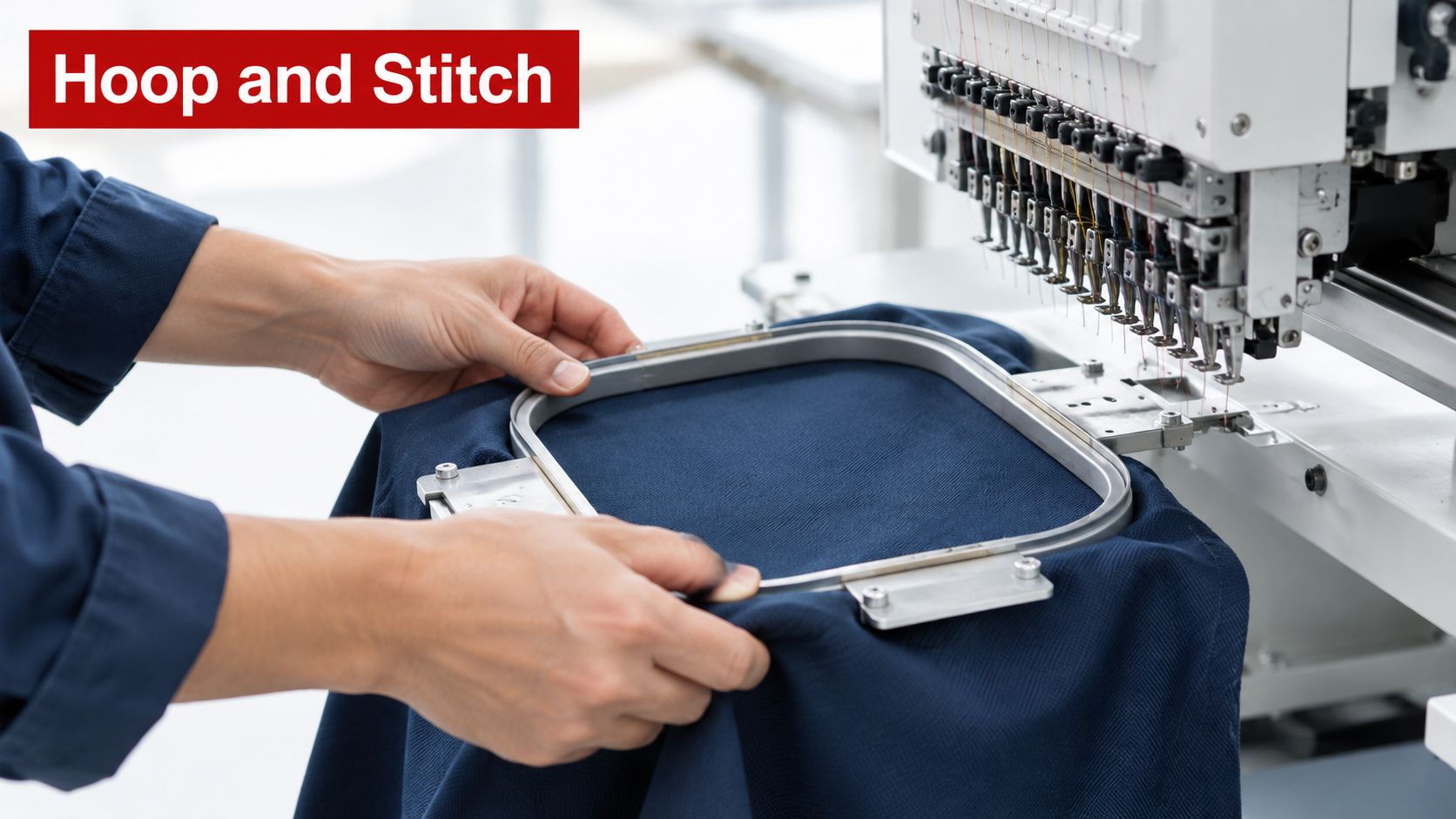 A close-up view of a professional embroidery machine working on blue fabric in a hoop.