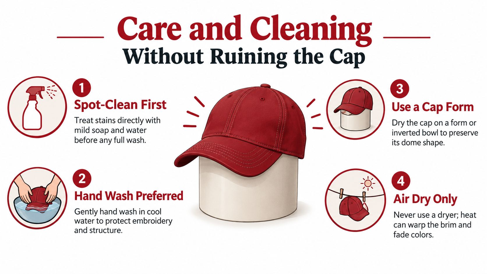 An infographic showing four steps to properly clean and maintain the shape of baseball caps.