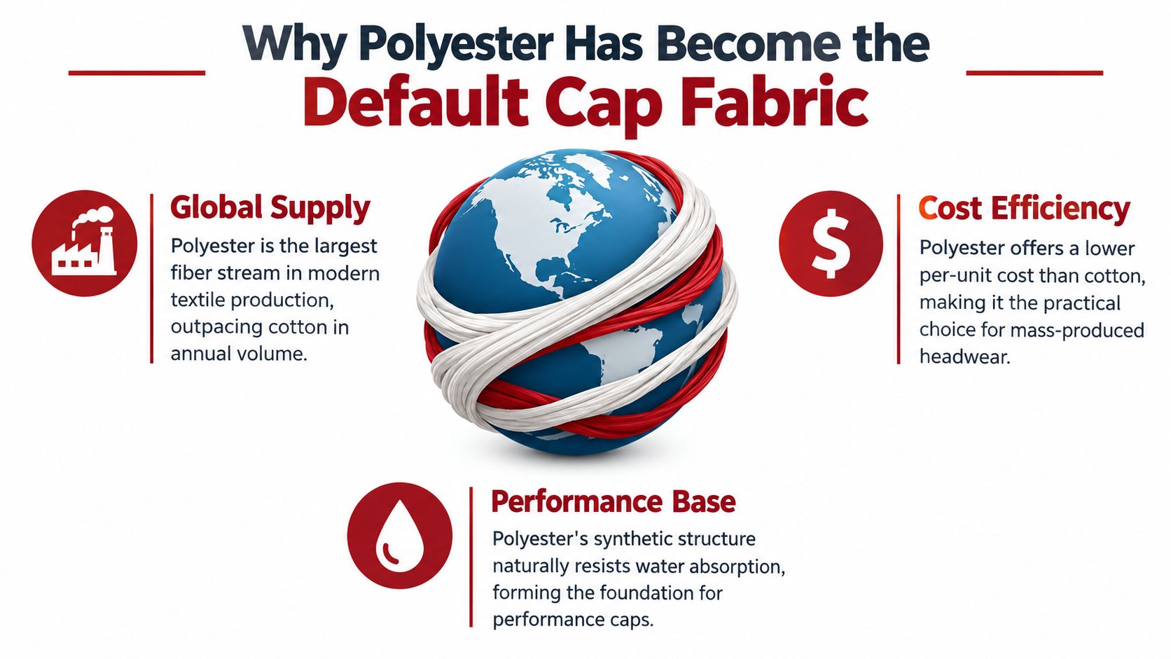 An infographic titled Why Polyester Has Become the Default Cap Fabric, detailing supply, cost, and performance benefits.