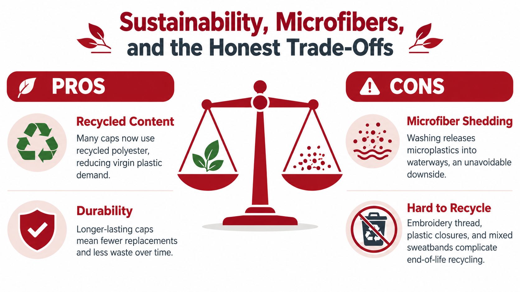 A sustainability infographic highlighting pros and cons of using recycled polyester in baseball caps.