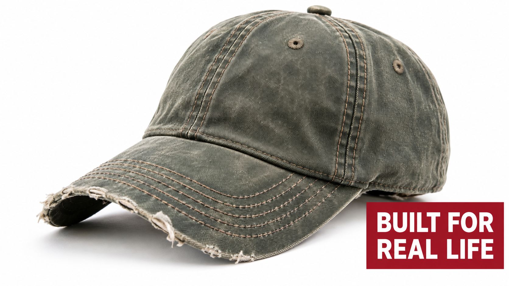A distressed vintage olive green baseball cap with a worn look resting on a white background.