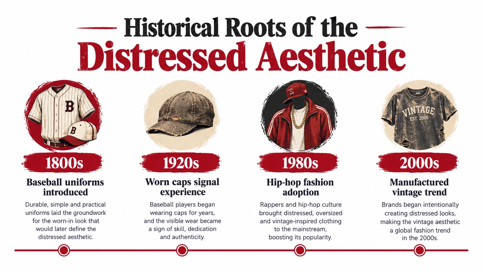 A timeline graphic illustrating the historical development of the distressed aesthetic in fashion from the 1800s to 2000s.