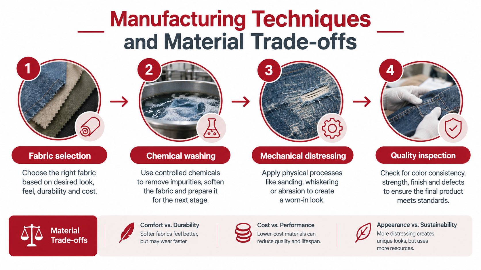 A diagram outlining the four-step manufacturing process for denim apparel including trade-offs between quality and sustainability.