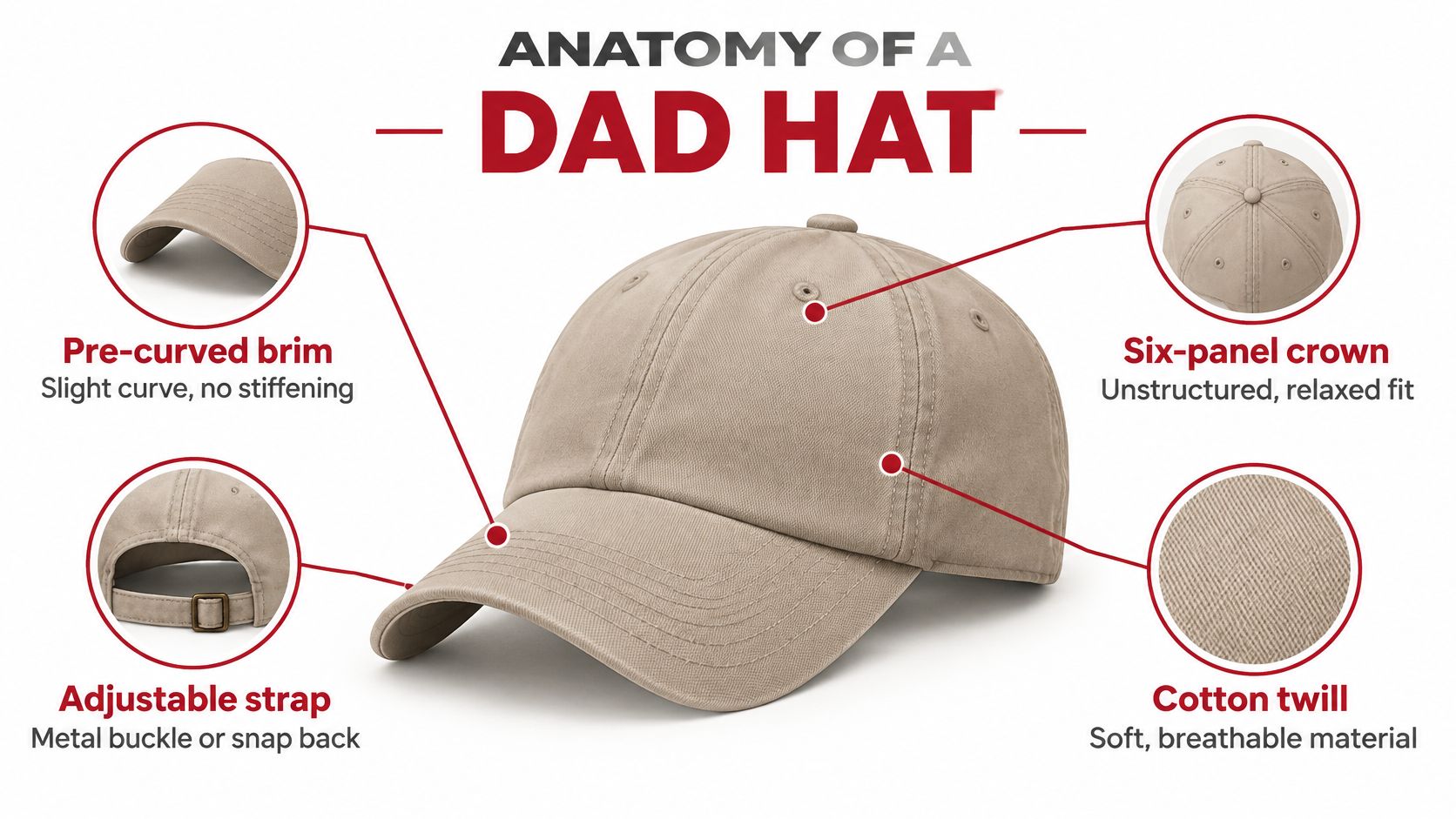 A diagram illustrating the anatomy of a beige dad hat with labels for its specific design features.