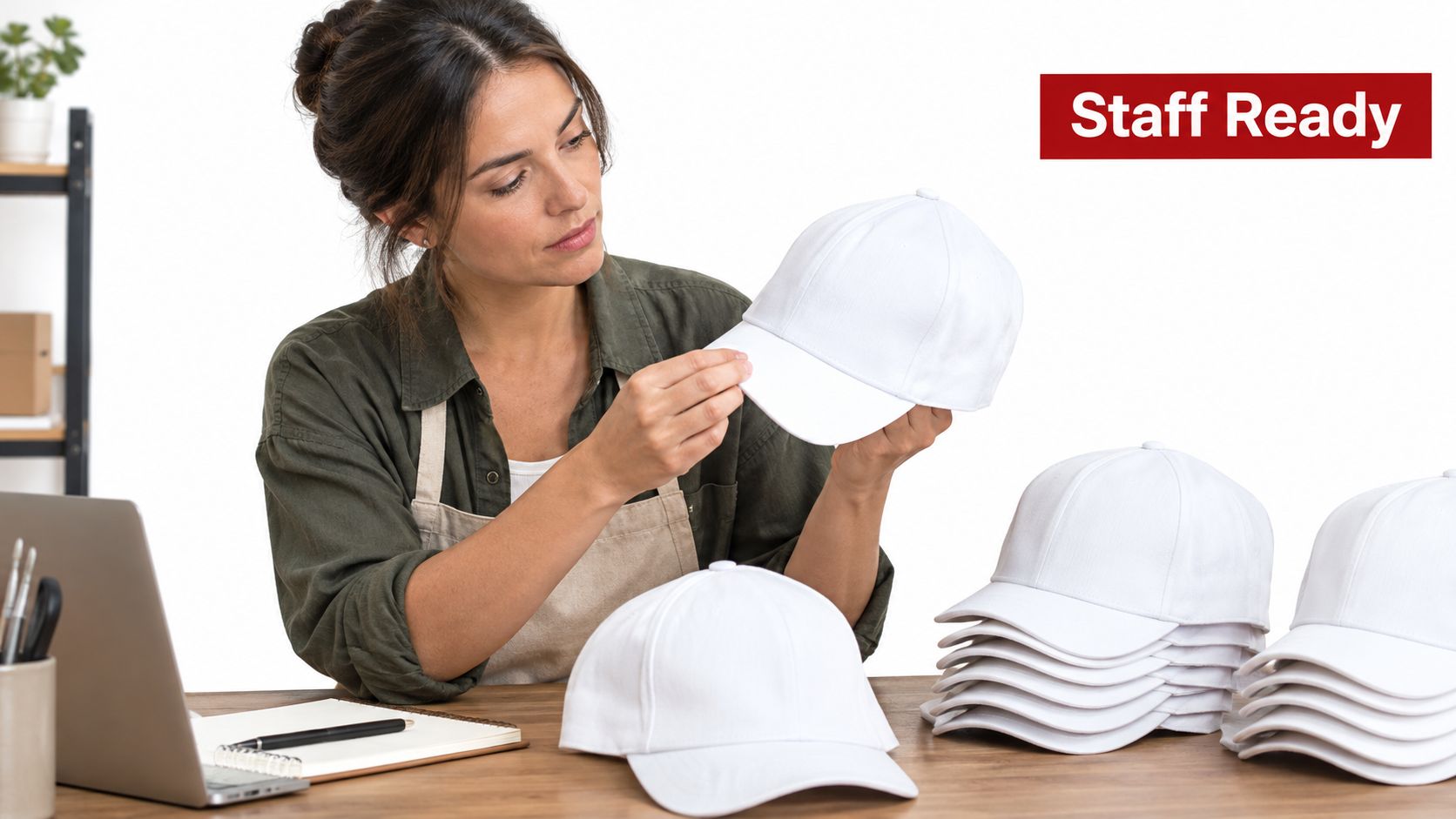 A woman in an apron inspects a plain white dad hat at a desk with stacked hats.